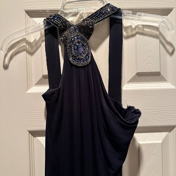 David Meister ~ Navy Jeweled Strappy One Shoulder Jersey Formal Gown Size 2 - Picture 5 of 6